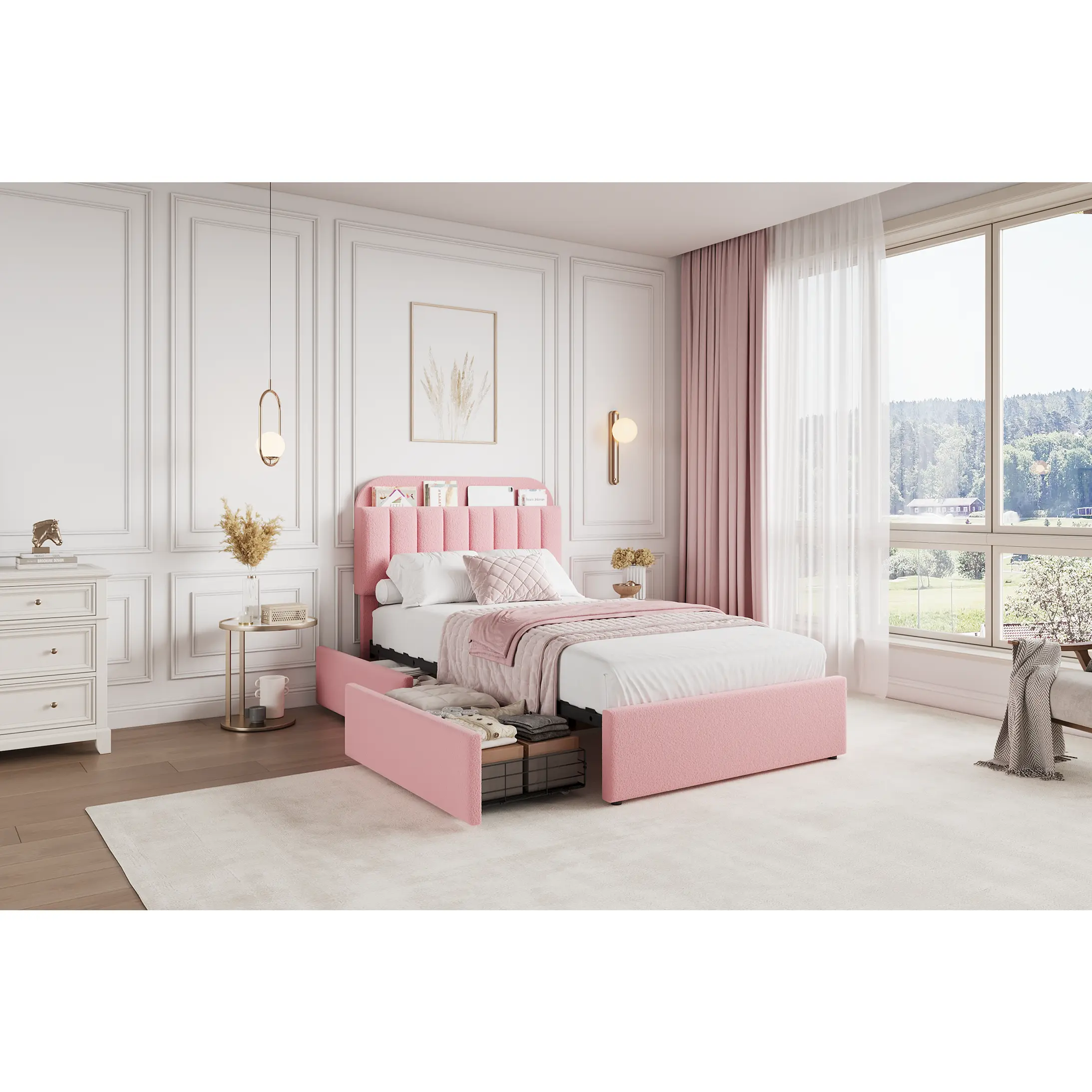 Upholstered Platform Bed Frame - Built-in Storage Headboard, Bookcase & 2 Drawers - Metal, Flat-Pack, Self-Assembling Built-in Bed Frames - Noise-Free, Easy Assembly - No Box Spring Needed - Twin/Full, Ivory White, Beige, Light Pink, Metal Bed Frames