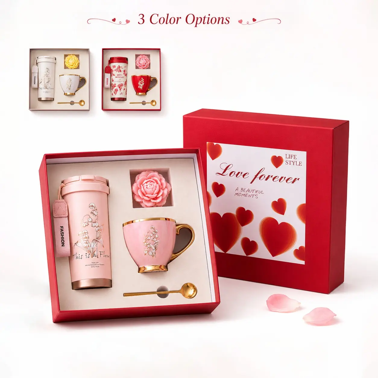 Valentine's Day Gift Set for Women, 4-In-1 Premium Gift Box, Classy Gift Box, Perfect Gift Bundle, Insulated Tumbler, Coffee Mug, Floral Candle, Spoon, Birthday Anniversary Gifts
