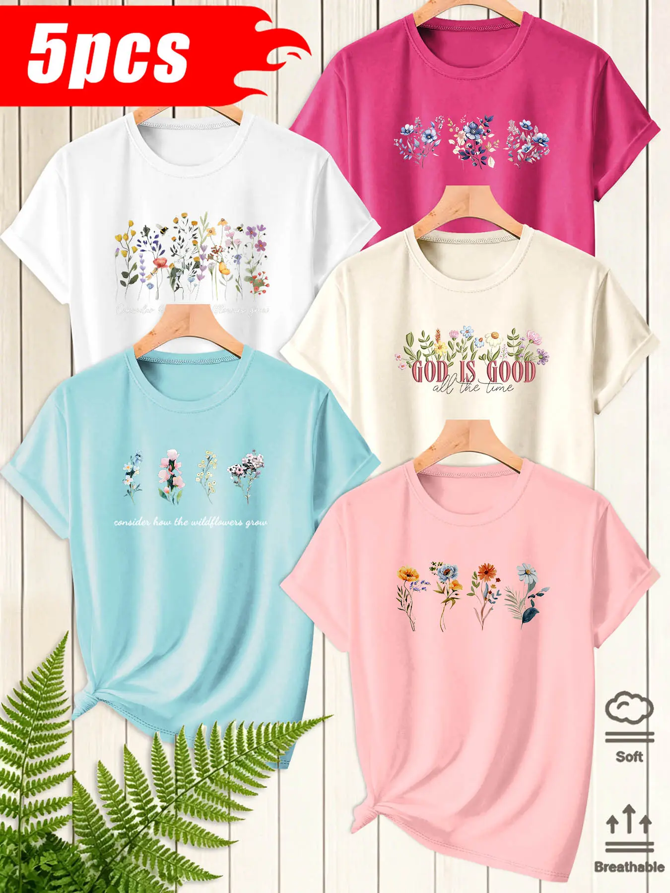 5Pcs Women Casual Crew Neck T-Shirt, Watercolor Wildflower Gentle Inspirational Floral Print, Multi-color Washable Spring Summer Top, Soft Skin-friendly Fabric Daily Versatile Fashion Design