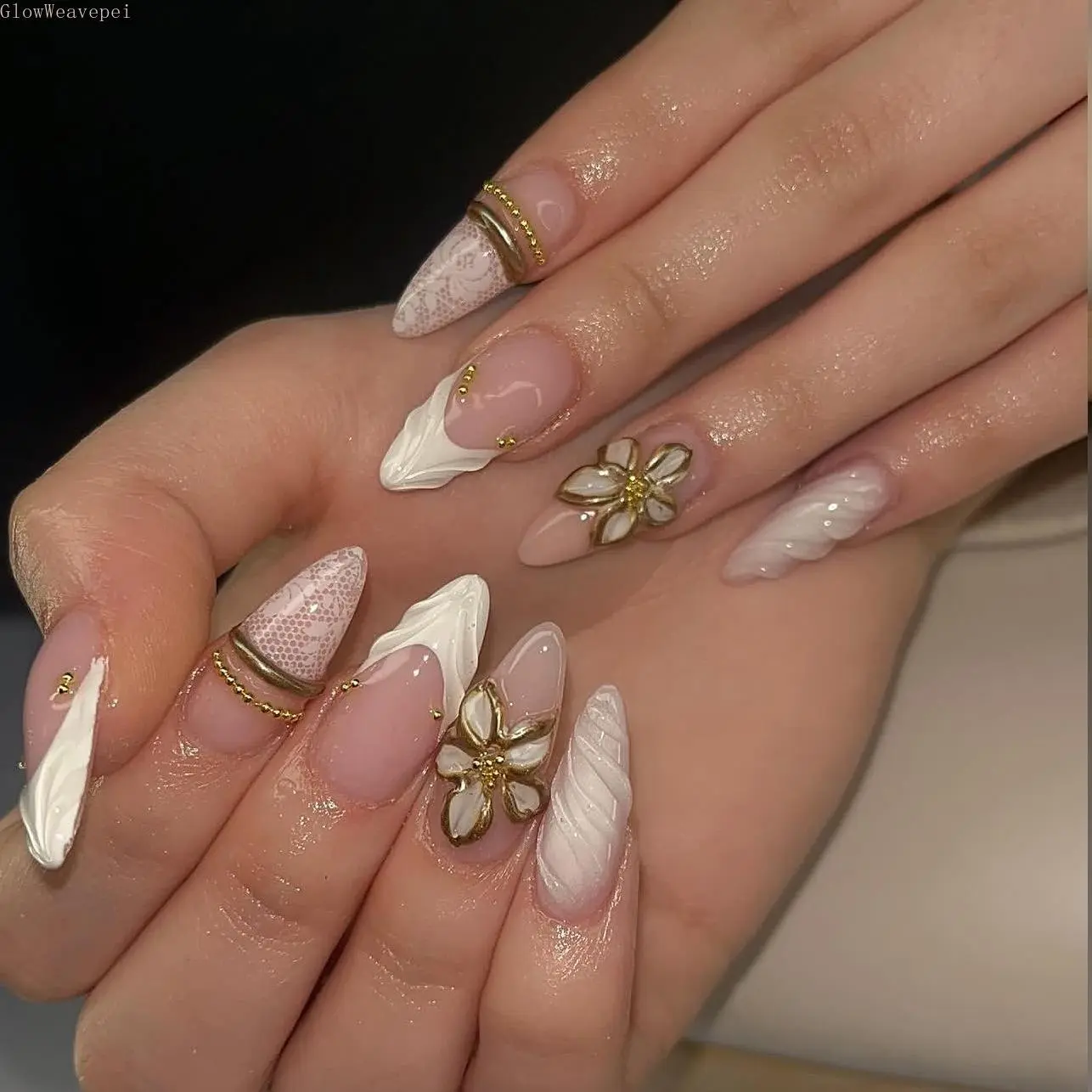24-Piece Medium Almond Press On Nail Tips, Coquette Bridal Style with 3D Baroque Flowers, White Lace, and Gold Chain Accents for Women, Weddings, and Prom, Almond Nail Tips, Wedding Nails