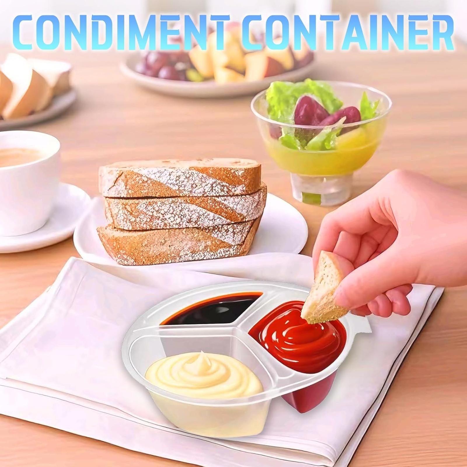 30/50pcs 3 Compartment Snack Containers, Reusable Sauce Dipping Containers, Stackable Lunch Box, Insulated Meal Prep Containers for Kids & Adults, Portable Food Storage, Snack Pack, Kitchen & Office Use Lids Utensils Clear