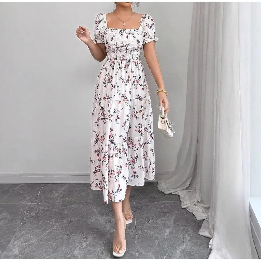 Women's Square Neck Puff Sleeve Floral All-Over Print Flared Swing Maxi Dress - Chic, Simple Casual Wear Sports Dress with Versatile Accessories Compatibility