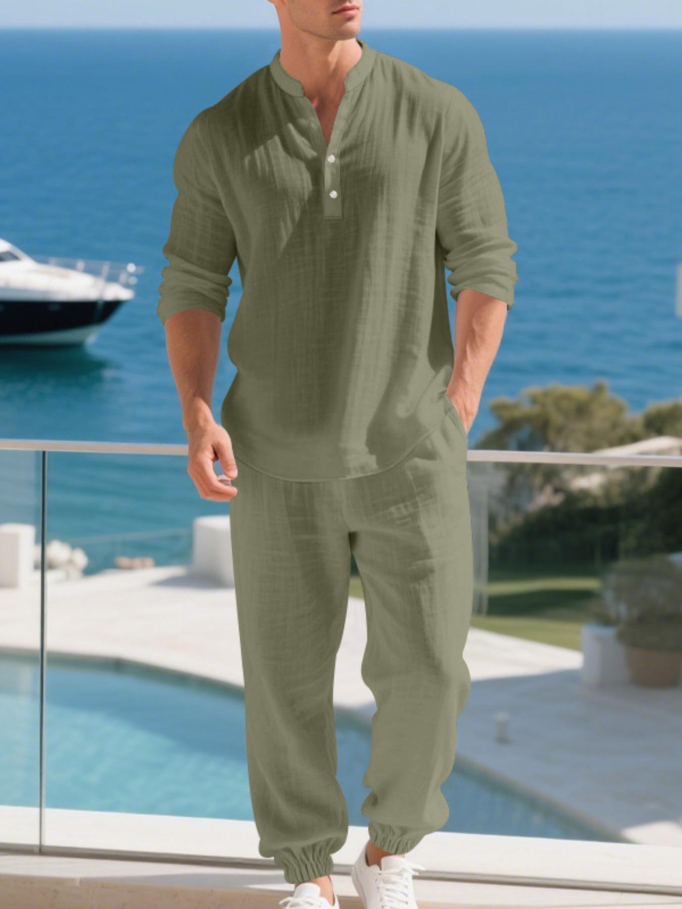 Men's Casual Long Sleeve Cuban Henley Shirt & Loose Pants Set, Beach Vacation, Comfortable Breathable Linen Fabric, Spring Summer Fashion