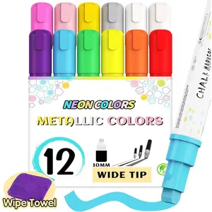12 Pack Chalk Markers for Blackboard, Window  with 10mm 3-in-1 Wide Nib Tip, Metallic & Neon Color Wet Erase Window Markers for Glass Washable, Glass, Mirror, Blackboard, Bistro, Menus