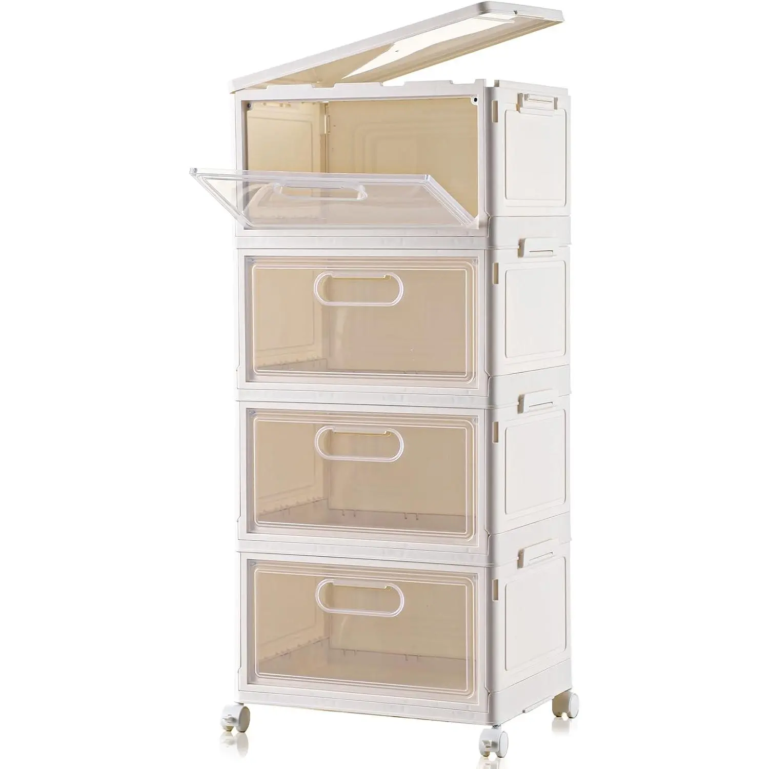 4-Tier Stackable Storage Bins with Lid, 23QT Clear Foldable Plastic Drawer Storage on Wheels, Closet Organizers and Storage for Living Room Bedroom Office Dorm