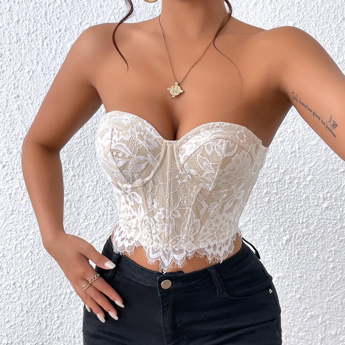 Women's Top Sexy Lace Eyelash Flower High Sense Underwear Bandeau Vest Womenswear Comfort Apricot Basic