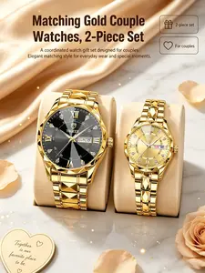 Couple Watch Set, Roman Numerals, Independent Date Display, Night Light, Quartz Analog Watch, Stainless Steel, Business Style, Perfect Gift