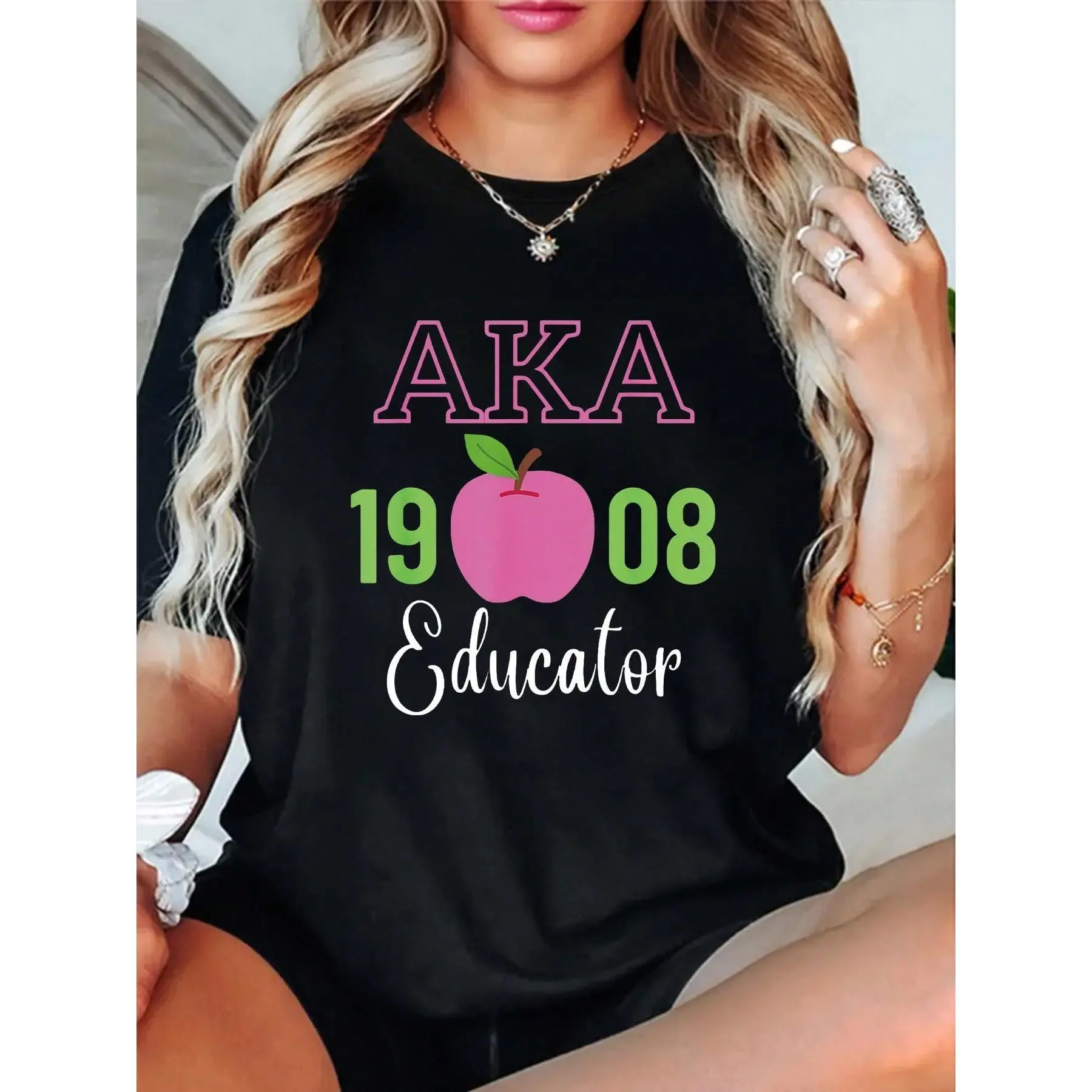 Aka 1908 Letter Print Round Neck Short Sleeve T-Shirt For Women Casual, Summer , Women Top Graphic Tees Women Tops