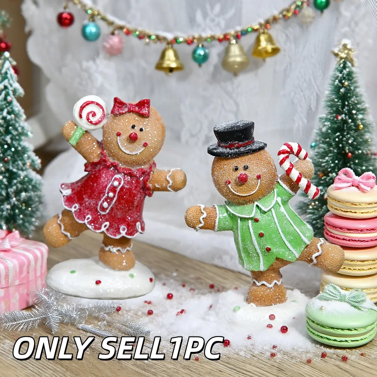 1PC Christmas Gingerbread Couple Resin Decoration, single gingerbread man figurine with candy cane or lollipop, winter holiday table and window decoration, Christmas gift