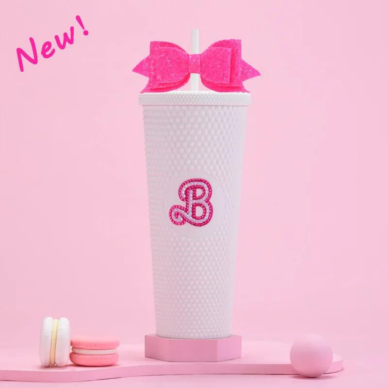 24oz Pretty Pink Studded Logo Tumbler with Matching Straw 710ml Gradient Hand Cup Double-layer Plastic Insulated Drinkware