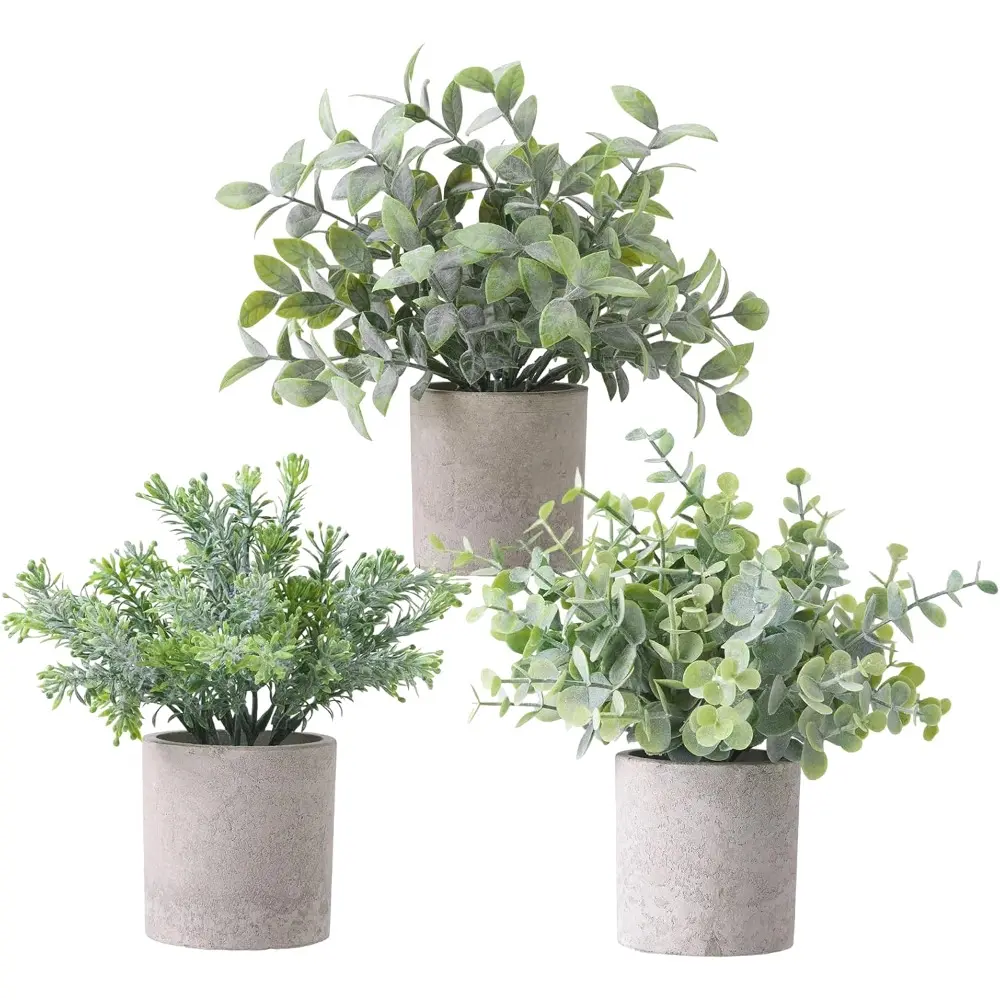 3-Pack Plastic Small Potted Bonsai Artificial Eucalyptus Plants, 3.65" W x 7.9" H Realistic Nature Sage Decorative Pieces, Home Office Desk Gift, Boho Ornaments for Bookshelf Countertop, Durable
