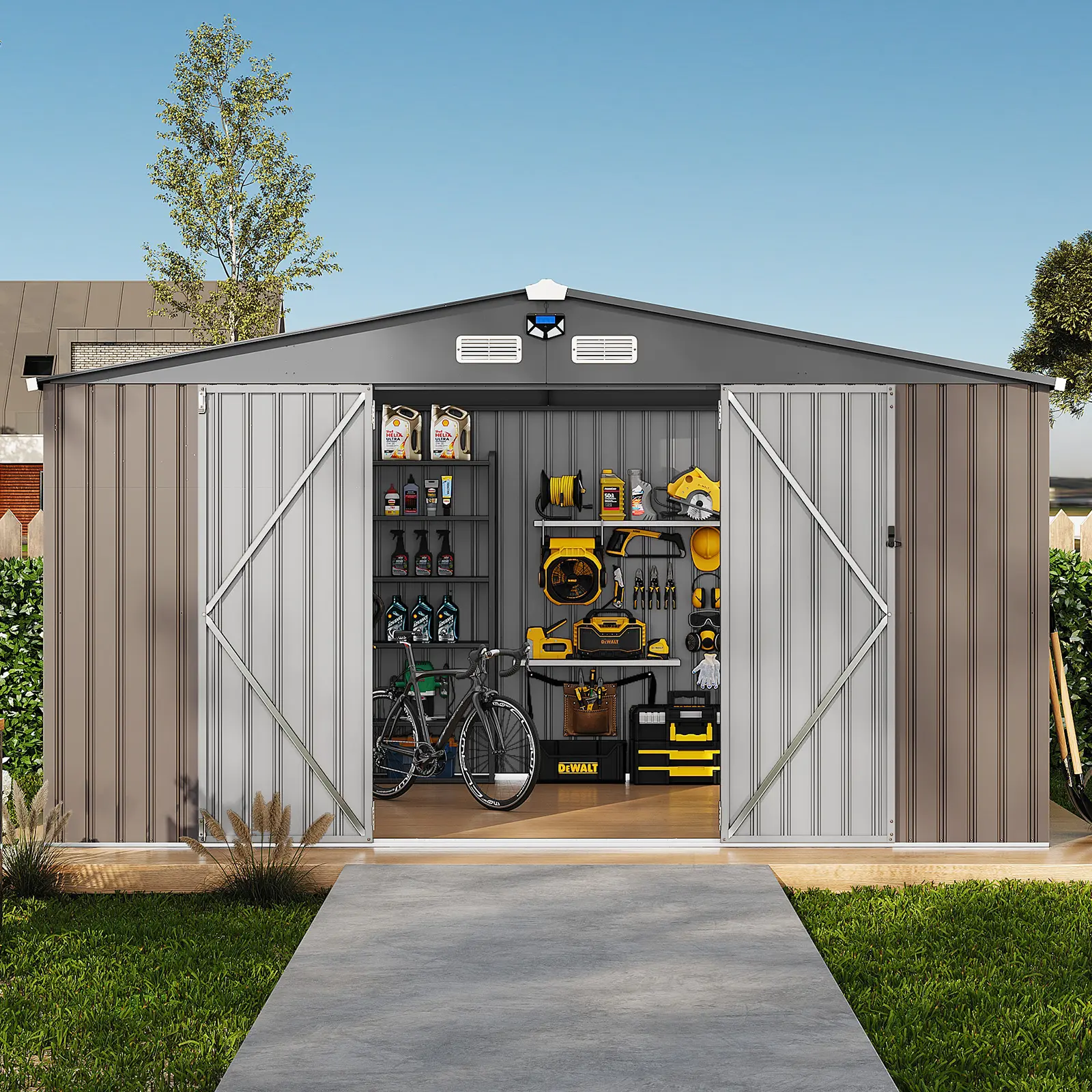 12' x 10' Metal Storage Shed with Windows & Solar Lights - Heavy Duty Galvanized Steel Garden Tool House with Lockable Double Doors summerwins