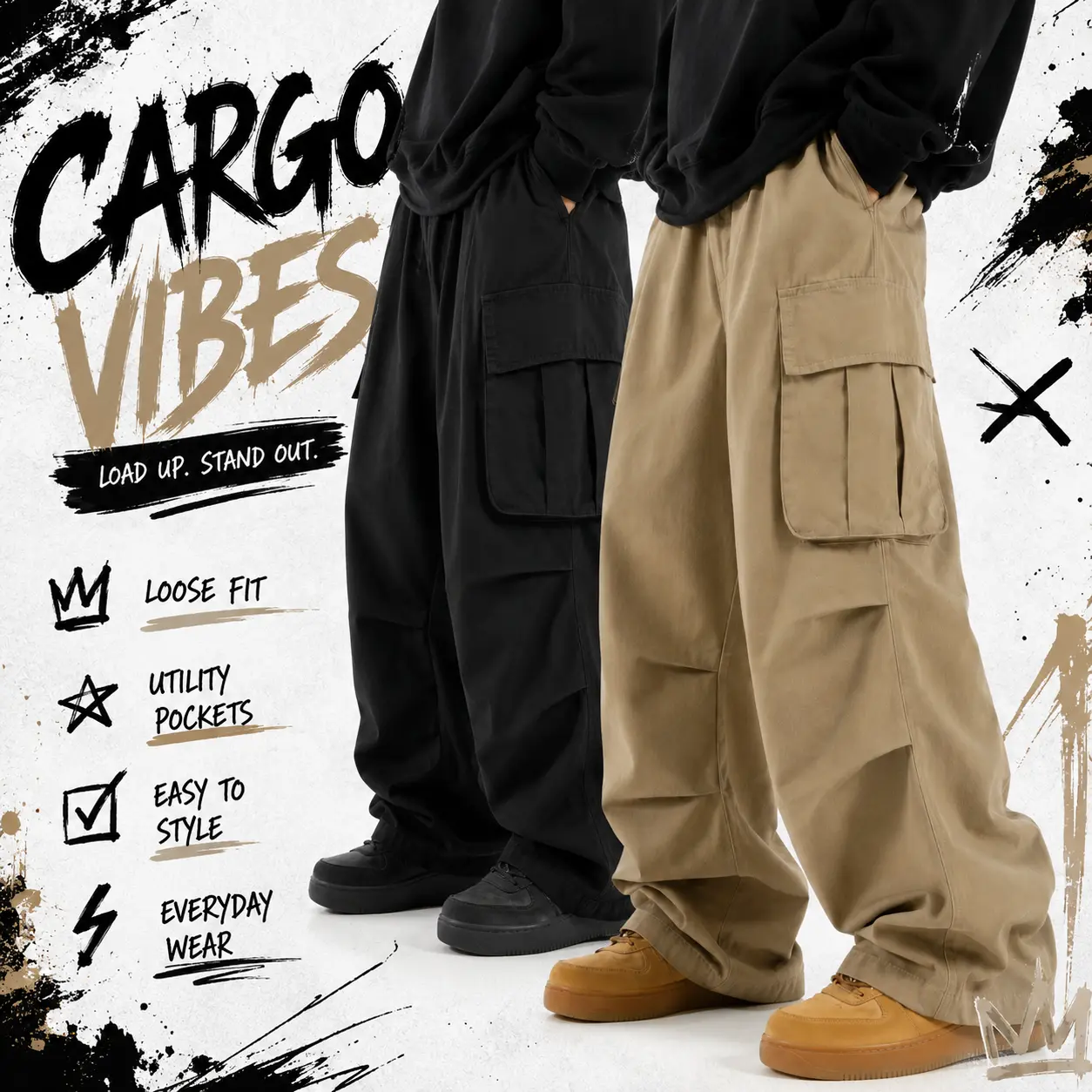 Men's Plus Size Wide-Leg Cargo Pants, Multi-Pocket Straight-Leg Pants with Pleated Design, All-Season Loose-Fit Outdoor Casual Men's Trousers