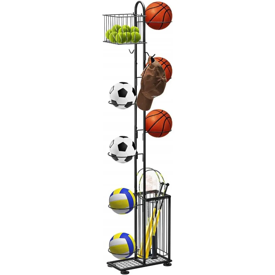 Sunexinlo 7 Tier Basketball Ball Storage Rack, Freestanding Basketball Holder Garage Ball Storage Sport Organizer Rack with Basket for Volleyball Football Basketball, Indoor/Outdoor