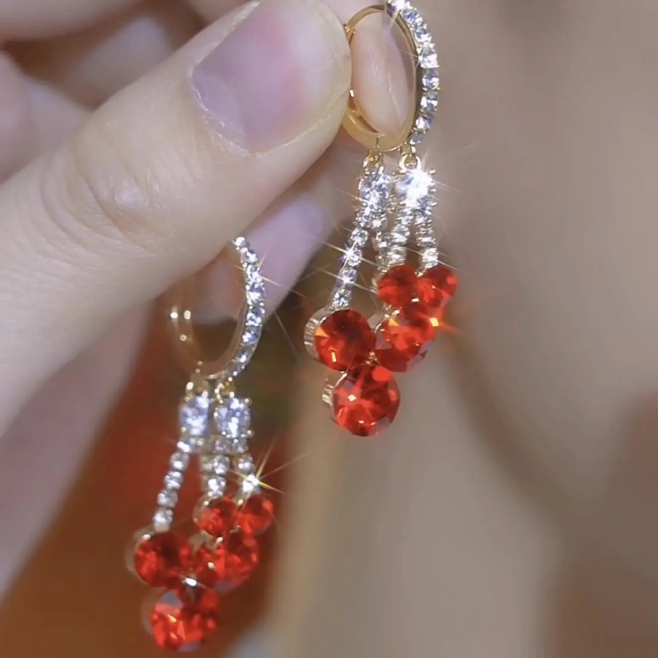 Women's Elegant Red Non-Natural Crystal Ear Cuffs - Light Luxury, Versatile Temperament Jewelry, New Year Gift, Ideal for Engagement