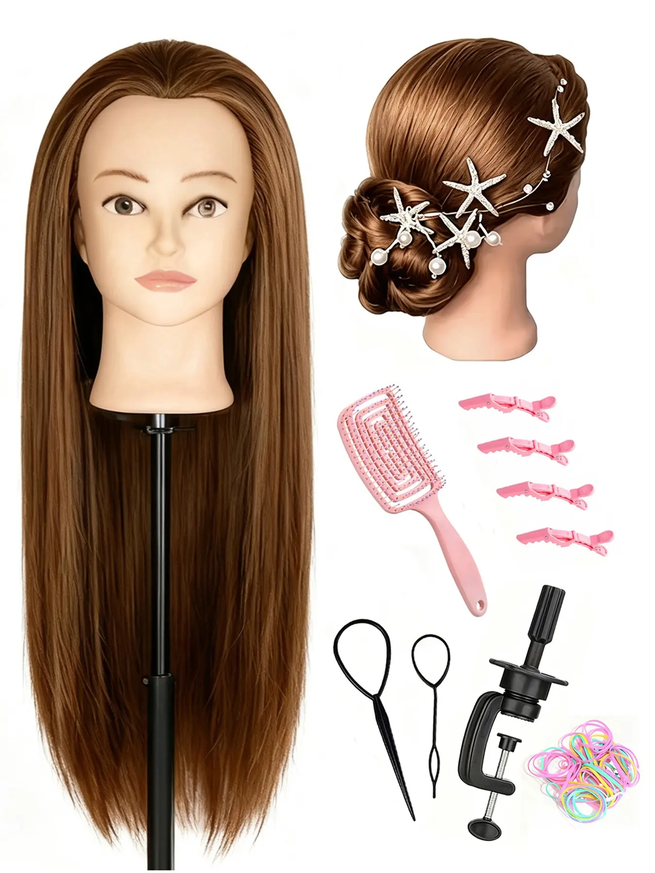 Mannequin Head with Synthetic Hair, Cosmetology Hair Training Doll Head for Braiding Styling Practice, Hair Manikin Set Comes with Clamp Stand, Hair Brush, Hair Clips, Rubber Bands & Hair Styling Tools for Hairdresser Beginner Learners