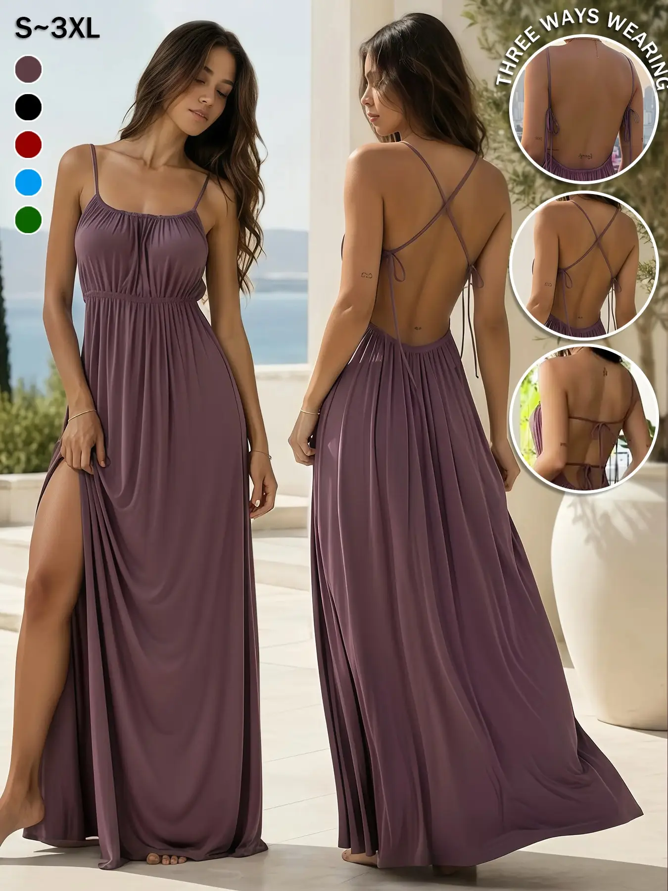 Women's Sweet Style Summer Drawstring Loose Halter Dress, Lazy Pure Color Long Halter Dress, Sexy Fitted Pleated Dress, Elegant Casual Party Vacation Dress