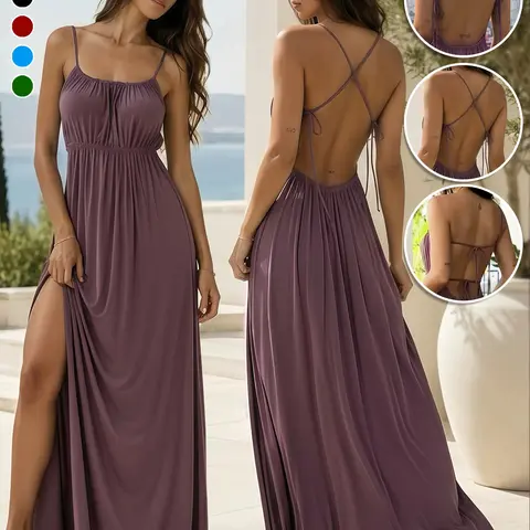 Women's Sweet Style Aesthetic Summer Drawstring Loose Halter Dress, Lazy Pure Color Long Halter Dress, Sexy Fitted Pleated Dress, Elegant Casual Party Vacation Dress