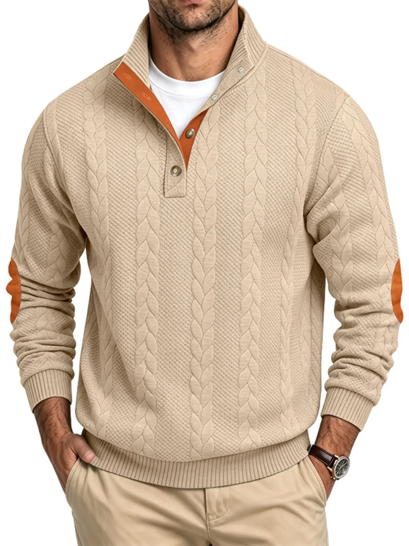 Men's Cable Knit Quarter Button Mock Neck Sweater, Elbow Patch Long Sleeve Pullover, Knitwear, Soft Warm Textured Collared Jumper Casual Business Fall Winter Top Multiple Colors