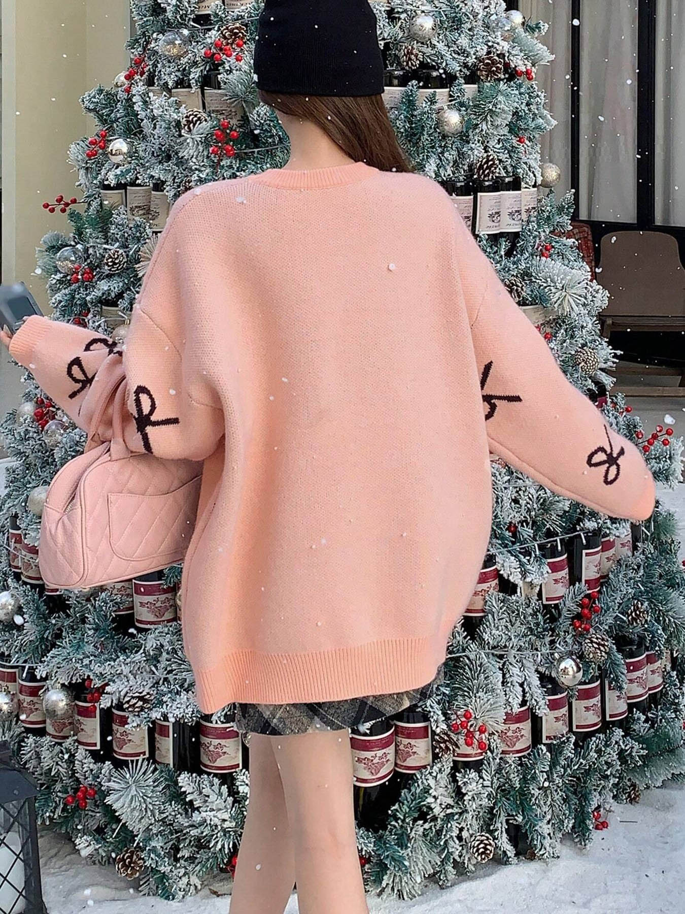 Women's Bow Print Crew Neck Sweater, Casual Long Sleeve Jumper for Fall & Winter, Fashion Ladies' Knitwear Womenswear for Daily Wear Valentine's Day, Gift, Sweaters for Women