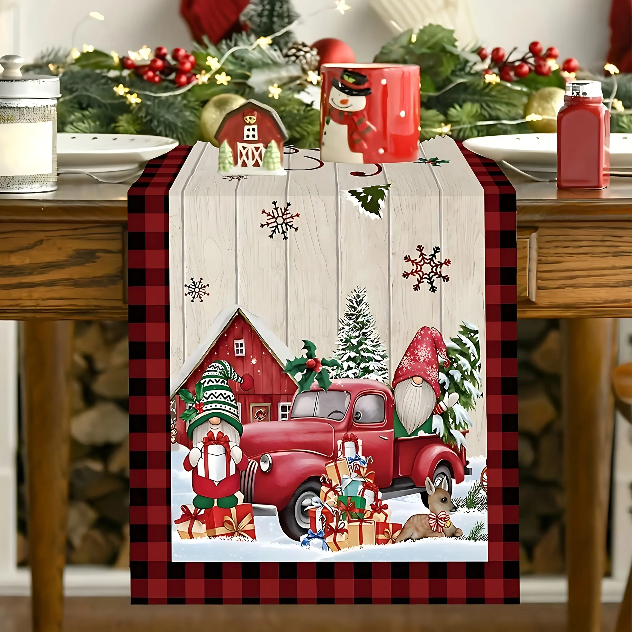 Christmas Tablecloth, Polyester Fiber, Rectangular, Vintage Truck, Snowy Winter Scene, Holiday Party, Home Decor
