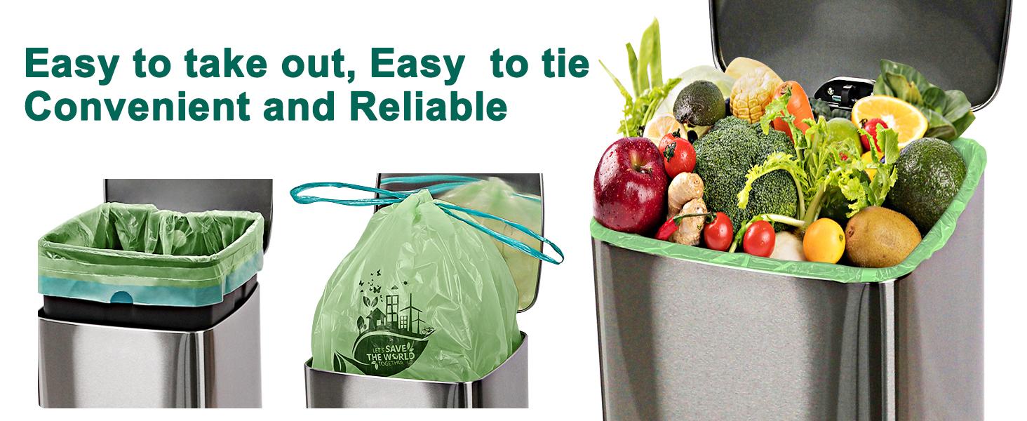 13 Gallon,100 Count, Compostable Trash Bags with Drawstring,Tear Resistant Kitchen Food Scrap Waste Bag, ASTM D6400, US BPI and Europe OK Compost Home Certified
