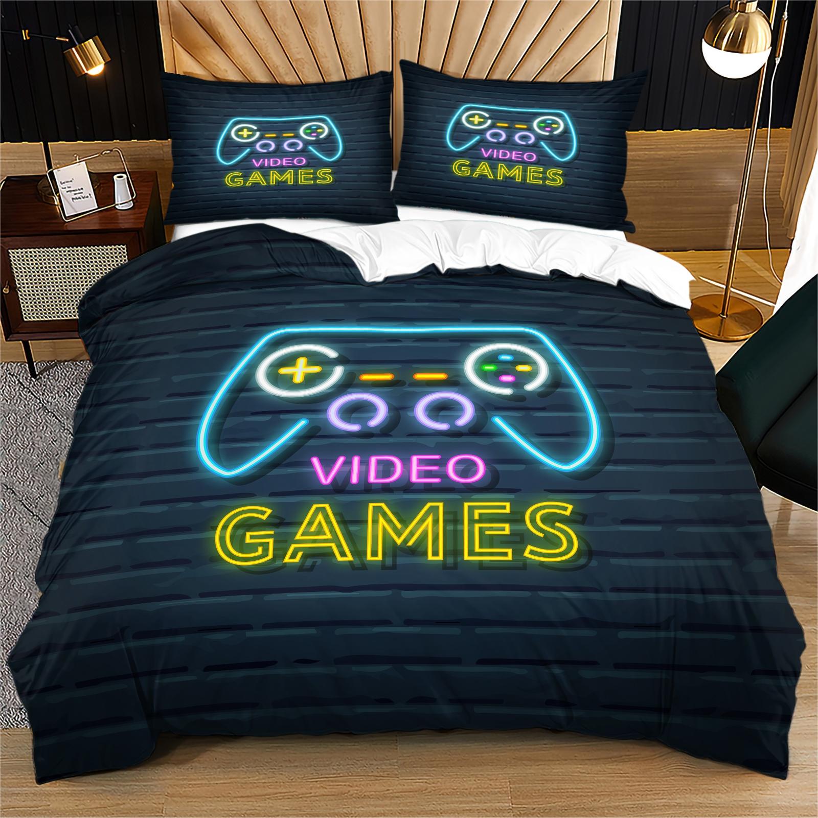 Cool Gaming Controller Pattern Sheet Set with Pillowcase, Soft Polyester Fiber Bedding, Zipper Closure, Breathable, All Seasons Use