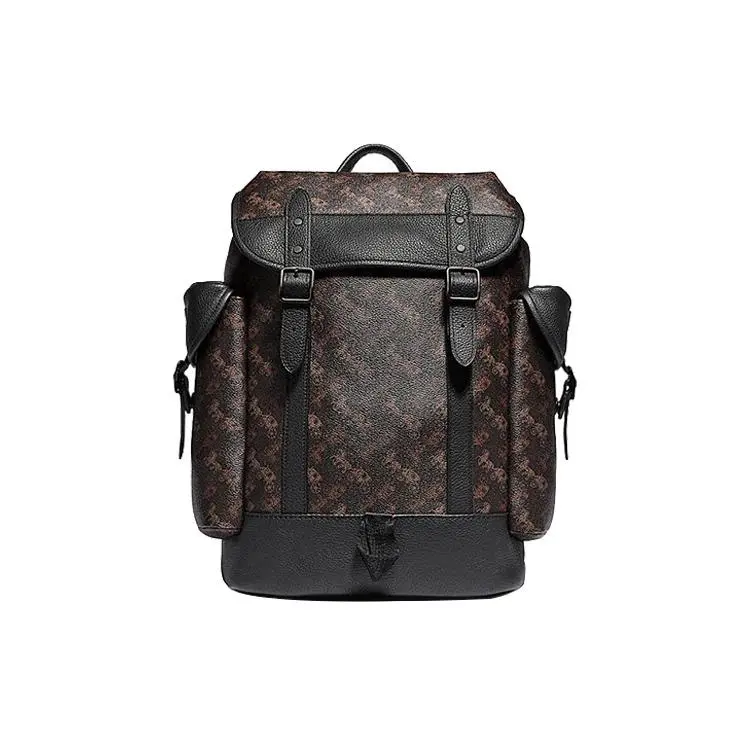COACH Hitch 31 Monogram Print Flap Backpack – Leather and Coated Canvas, Large Unisex Style in Black and Brown