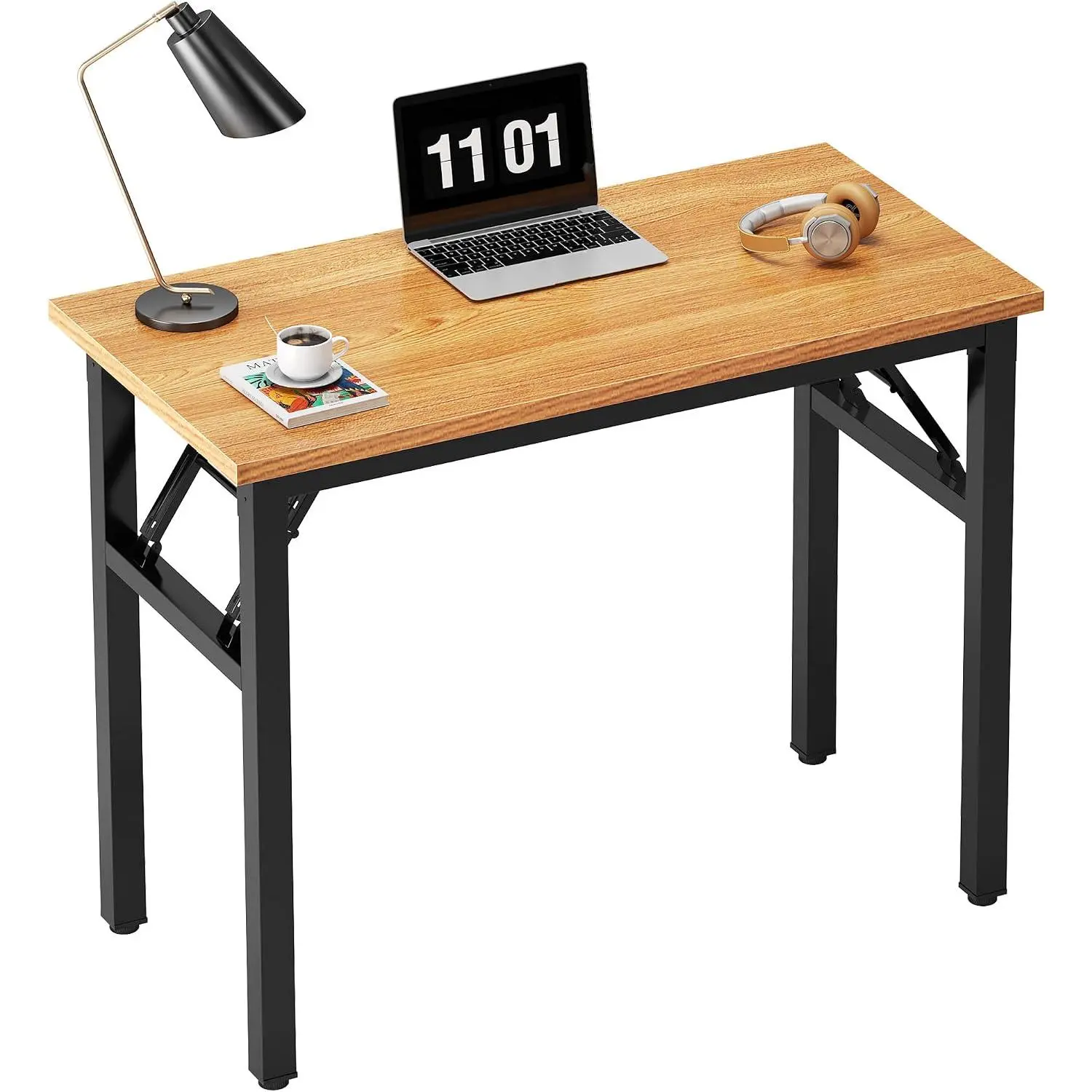 31.5-Inch Foldable Teak Wood Top Computer Desk with Black Frame, Easy Setup Folding Writing Table for Small Spaces, Home Office & Student Use