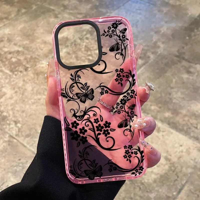 Phone Case iPhone 17Promax 16Plus 15 14 13 12 11 Lines of Flowers Pattern skin-friendly feel Non-Yellowing Shockproof Soft Silicone Lightweight Transparent Cover.QXS756
