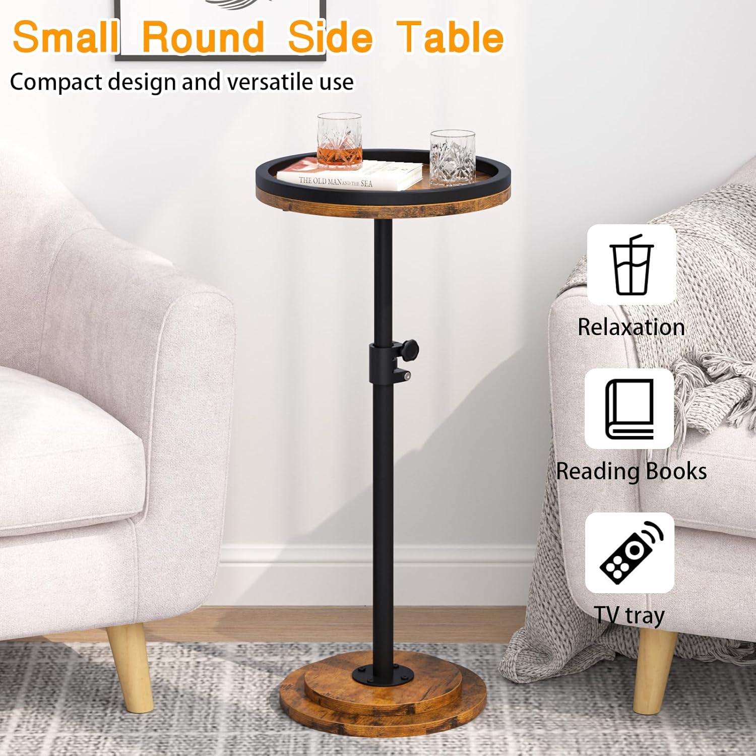 Small Side Table, Drink Table, Height Adjustable Round End Table, Pedestal Side Table for Small Spaces in Living Room, Bedroom, Brown