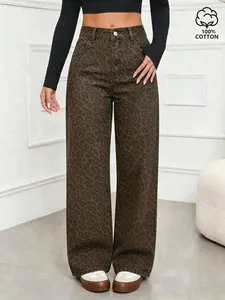American Vintage Leopard Print Straight Leg Jeans for Women, Mid-Waist Loose Fit, Distressed Wash, Street Style, Spring Fall Fashion
