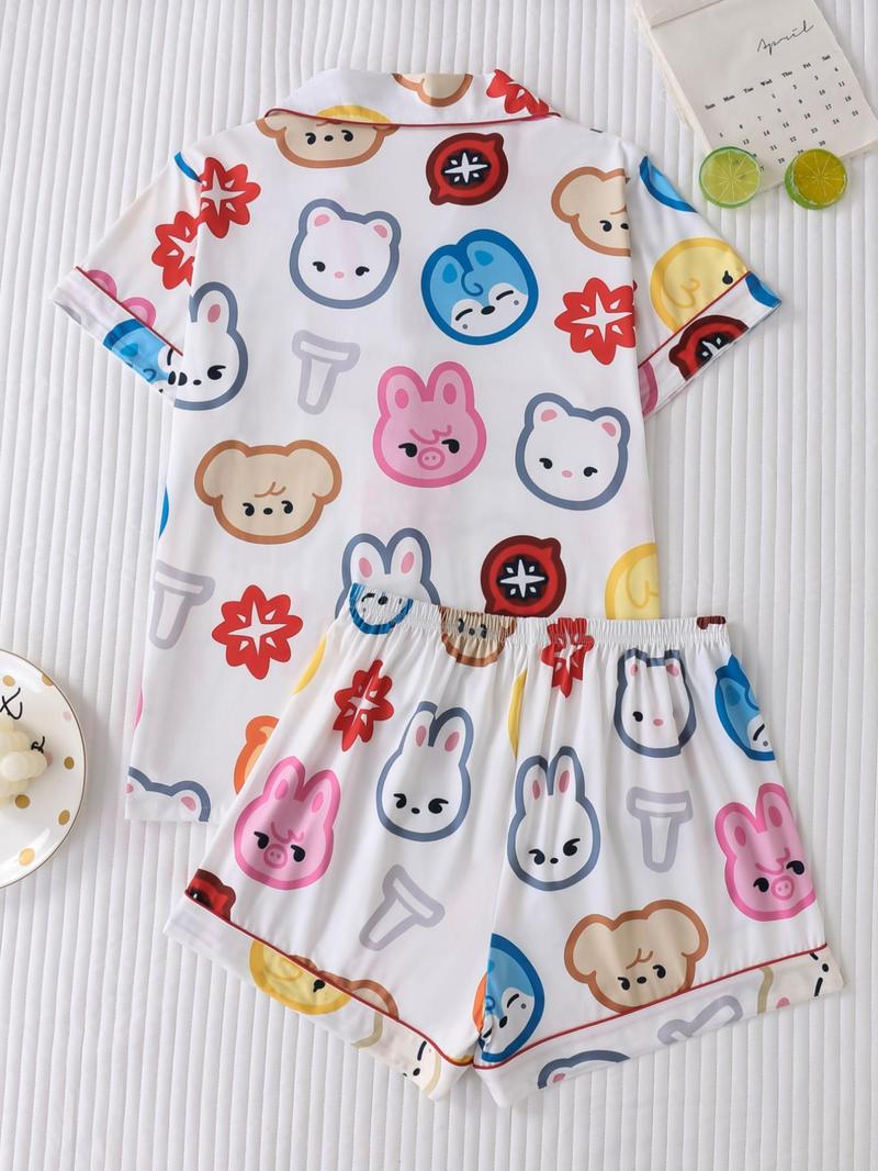 Women's Cartoon Print Short Sleeve Top & Shorts Pyjama, Casual Comfy Top & Shorts Pj Set, Ladies Sleepwear for All Seasons, Loungewear, Pajamas
