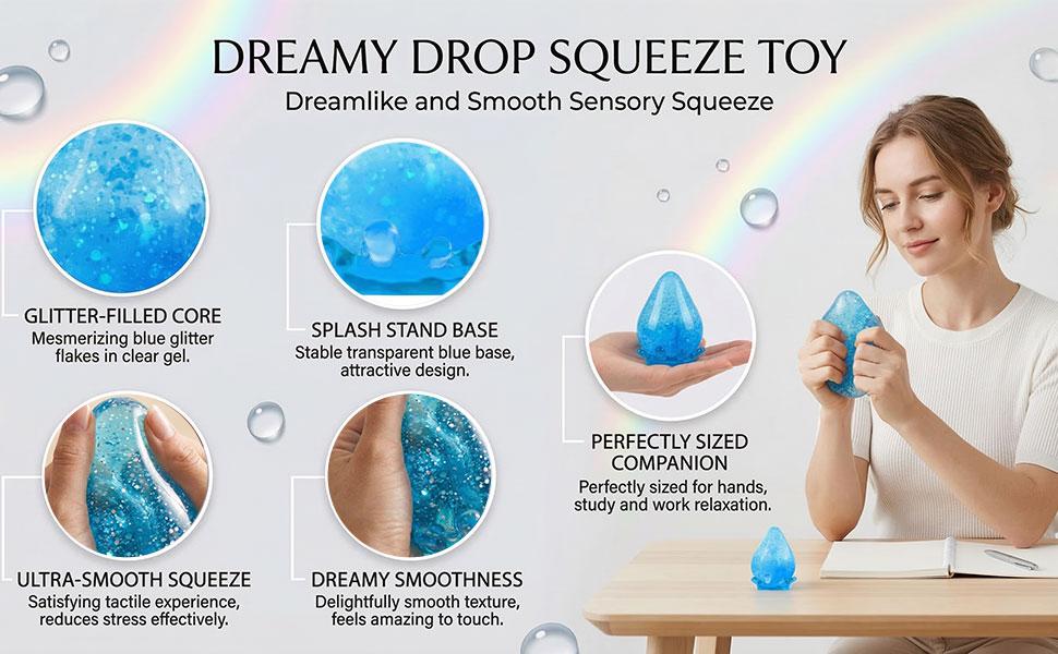 Dream Drop Squishy Fidget Toys Malt Sugar Filled Slow Rising Sensory Stress Balls for Adults Heavy Duty Glitter Droplet Squeeze Toys for Anxiety Relief Office Desk Easter Basket Stuffers Hot Pink