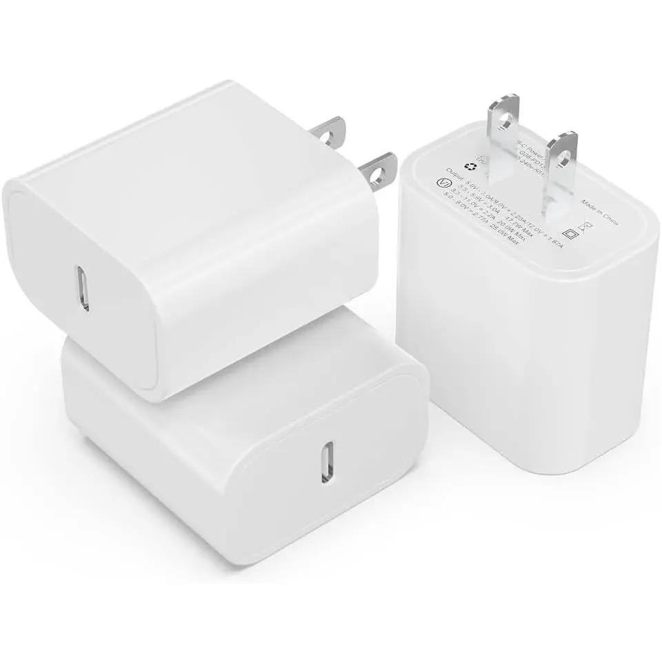 3-Pieces Compact 20W PD 3.0 USB-C Charger Blocks, Synthetic Mobile Device Wall Power Adapter Cubes for iPhone 17/17 Pro/16/15, Galaxy, Pixel, AirPods Pro - White
