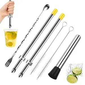 6-Piece Professional Lemonade Stand Kit, Includes 2pcs 316 stainless steel Straw Punchers for Plastic Lids, Stainless Steel Muddler, Mixing Spoon and 2 Straw Cleaning Brushes for Lemonade Preparation