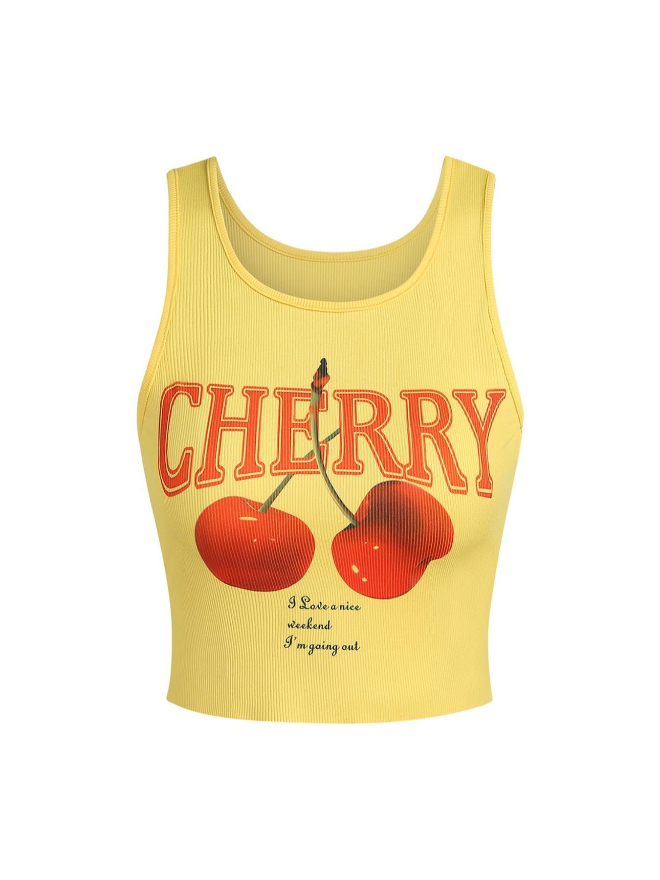 Women's Letter & Fruits Print Lightweight Crop Tank Top, Casual Scoop Neck Sleeveless Top for Daily Wear, Ladies Clothes for All Seasons