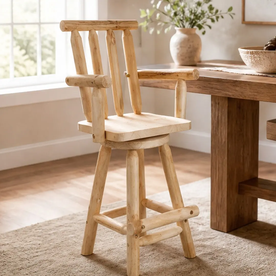 ARCH Rustic Bar Stool with 360° Swivel, Fir Wood Construction, Wide Armrests, Footrest, Light Brown, 29.4" Seat Height, Tall Bistro Chair for Kitchen Dining Room Restaurant Pub, 1-Pack, Light Brown Color Options, Wood Material, Product Dimensions:
