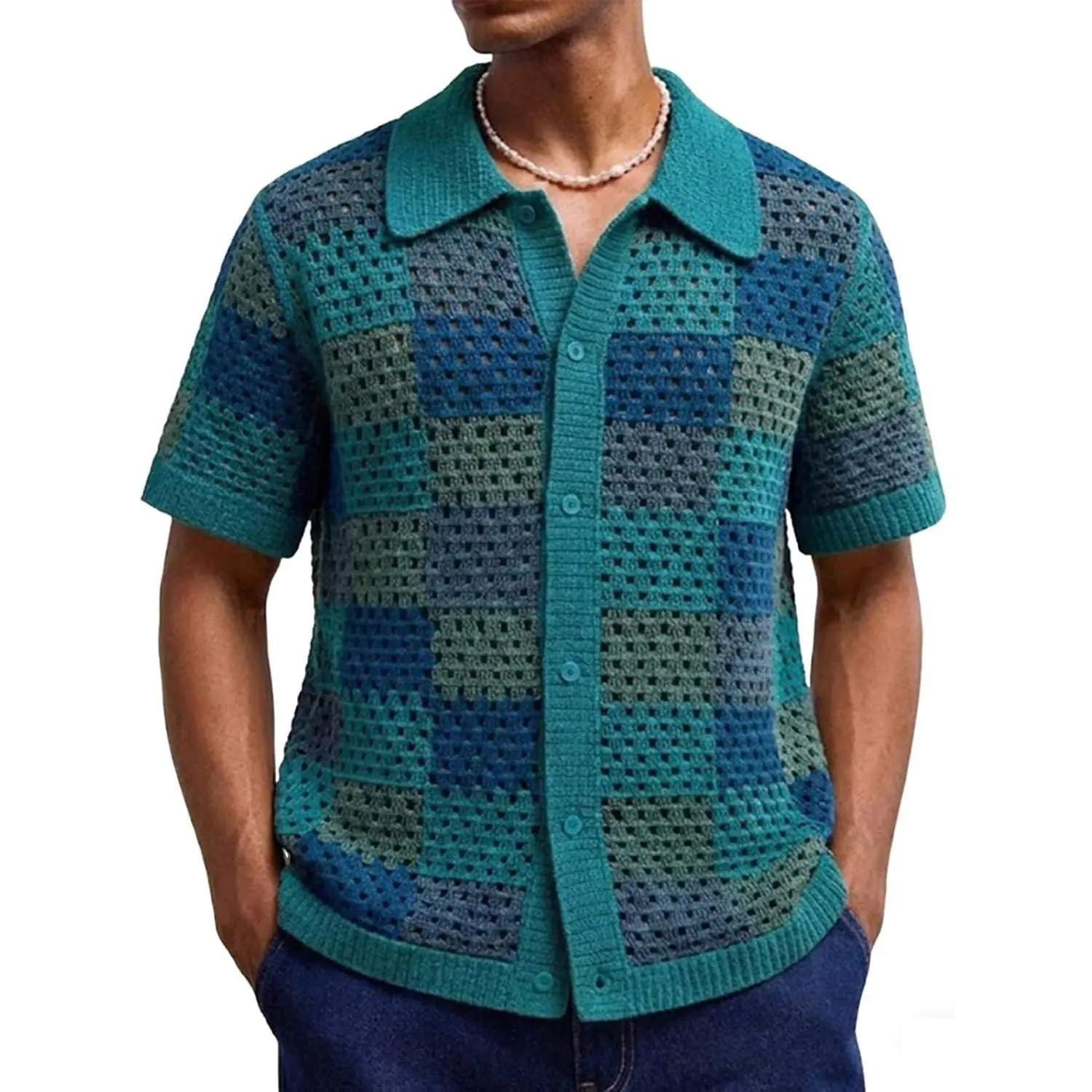 Men’s Crochet Shirt Short Sleeve Breathable Openwork Casual Beach Shirts