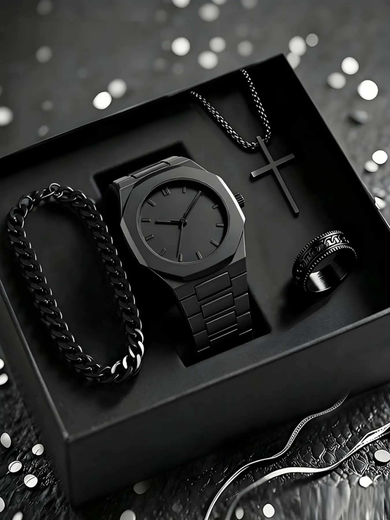 【Black Friday】Men's Luxury Minimalist Quartz Watch Set, Includes Bracelet, Ring, Cross Necklace, Perfect Gift for Him, 4-Piece Fashion Accessory Kit, Jewelry Sets