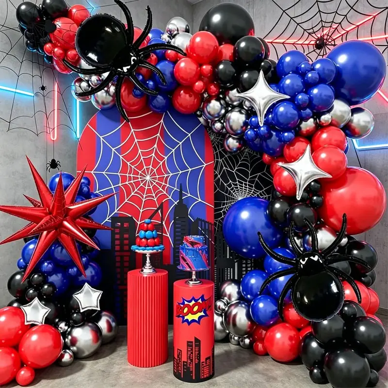 139-piece Red, Black, Blue Spider Balloon Arch Kit, Includes Exploding Stars and Spider Foil, Star-shaped balloon，Perfect for Birthday Parties, Gender Reveal, Comic Convention Event Setup，Kindergarten activity setup，movie theater decoration