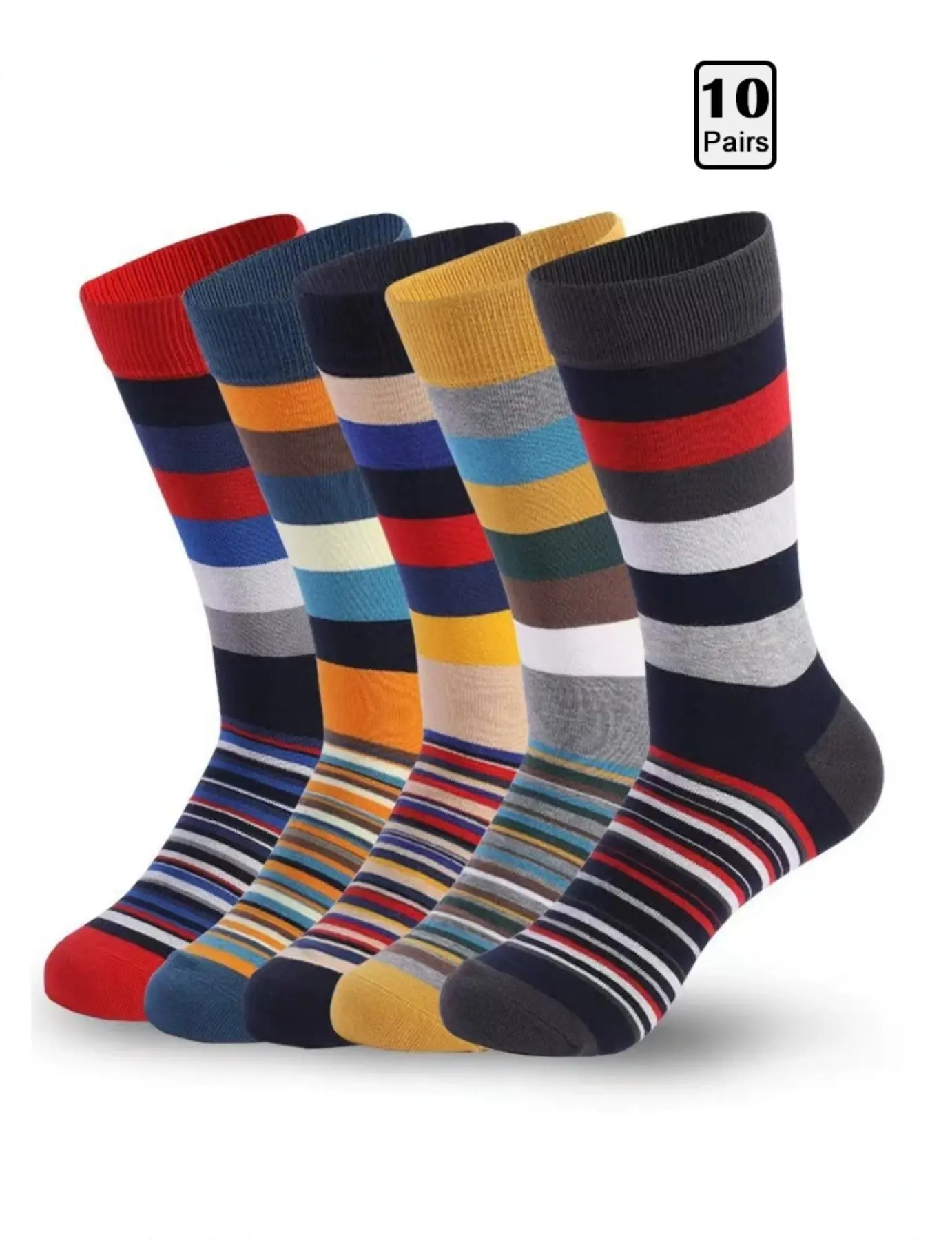10 Pairs Men's Colorful Striped Dress Socks, Fun Print Casual Sock Set, Ideal for Daily Commute, Travel, Gift Giving