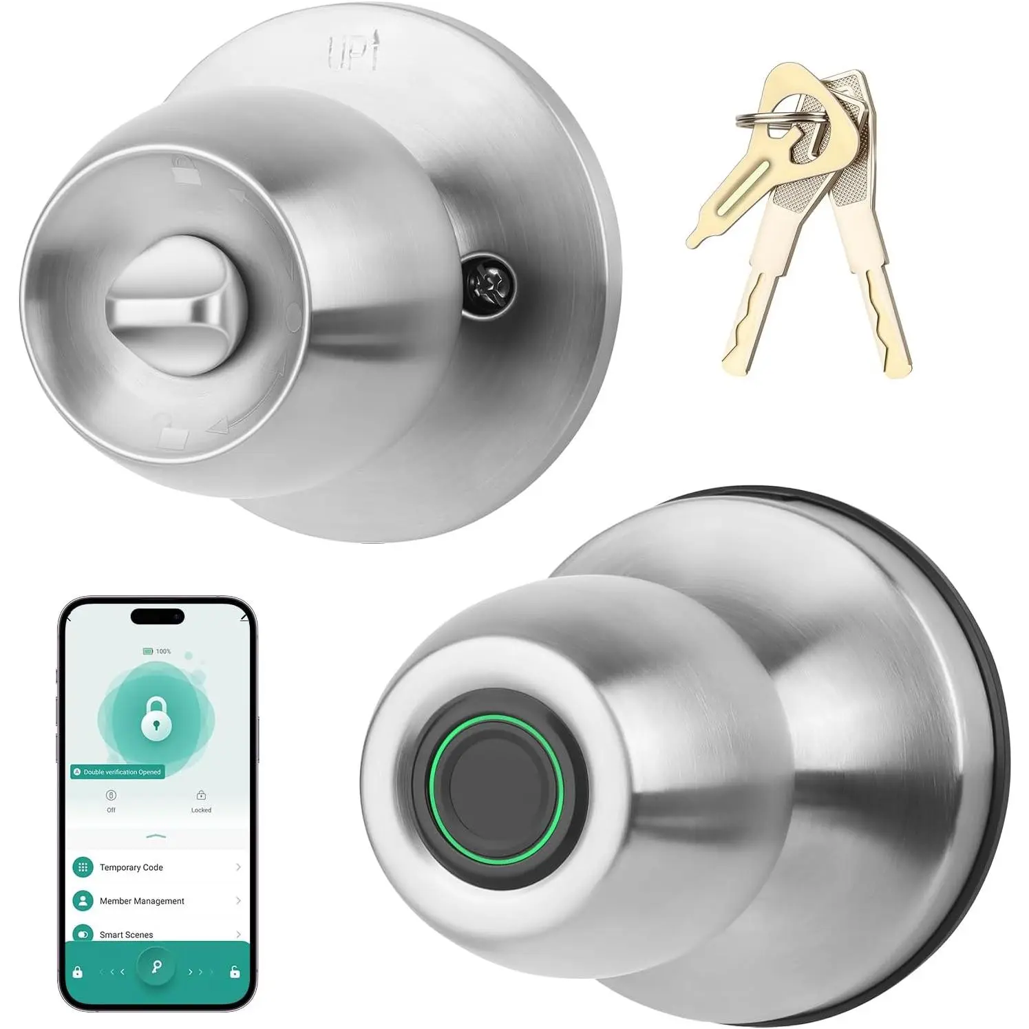 Fingerprint Door Knob, 3-in-1 Keyless Entry with Auto Lock & App, Biometric Digital Lock for Front Door, , Office, Bedroom