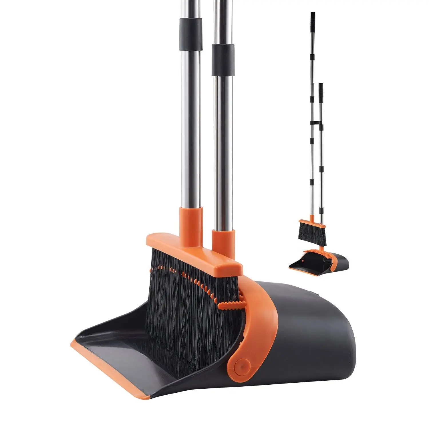 VEVOR Heavy-Duty Broom and Dustpan Set - Rubber Broom with Self-Cleaning Teeth, Extendable Handle, Long Handle, No Bending Required, Sturdy Foldable Adjustable Metal Upright Standing Dustpan for Home Use, Comfortable, 3.15 Inches