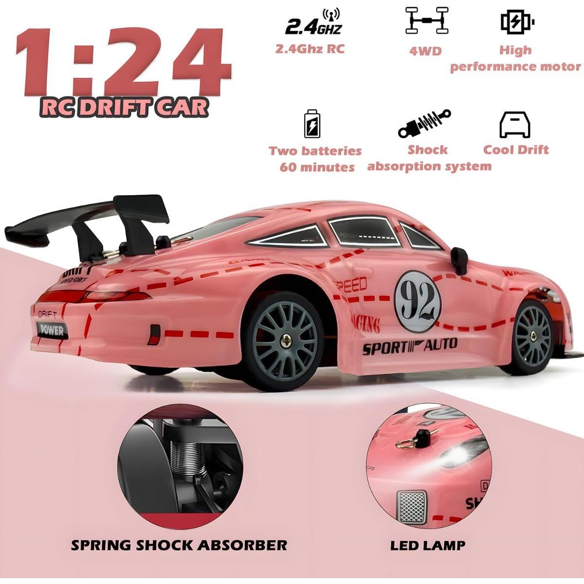 RC Drift Car 2.4GHz 1:24 Scale 4WD High Speed Remote Control Cars Vehicle with LED Lights Two Batteries and Drifting Tires Racing Sport Toy Cars for Adults Boys Girls Kids Ideal for Birthday And New Year Gifts for Both Boys And Girls