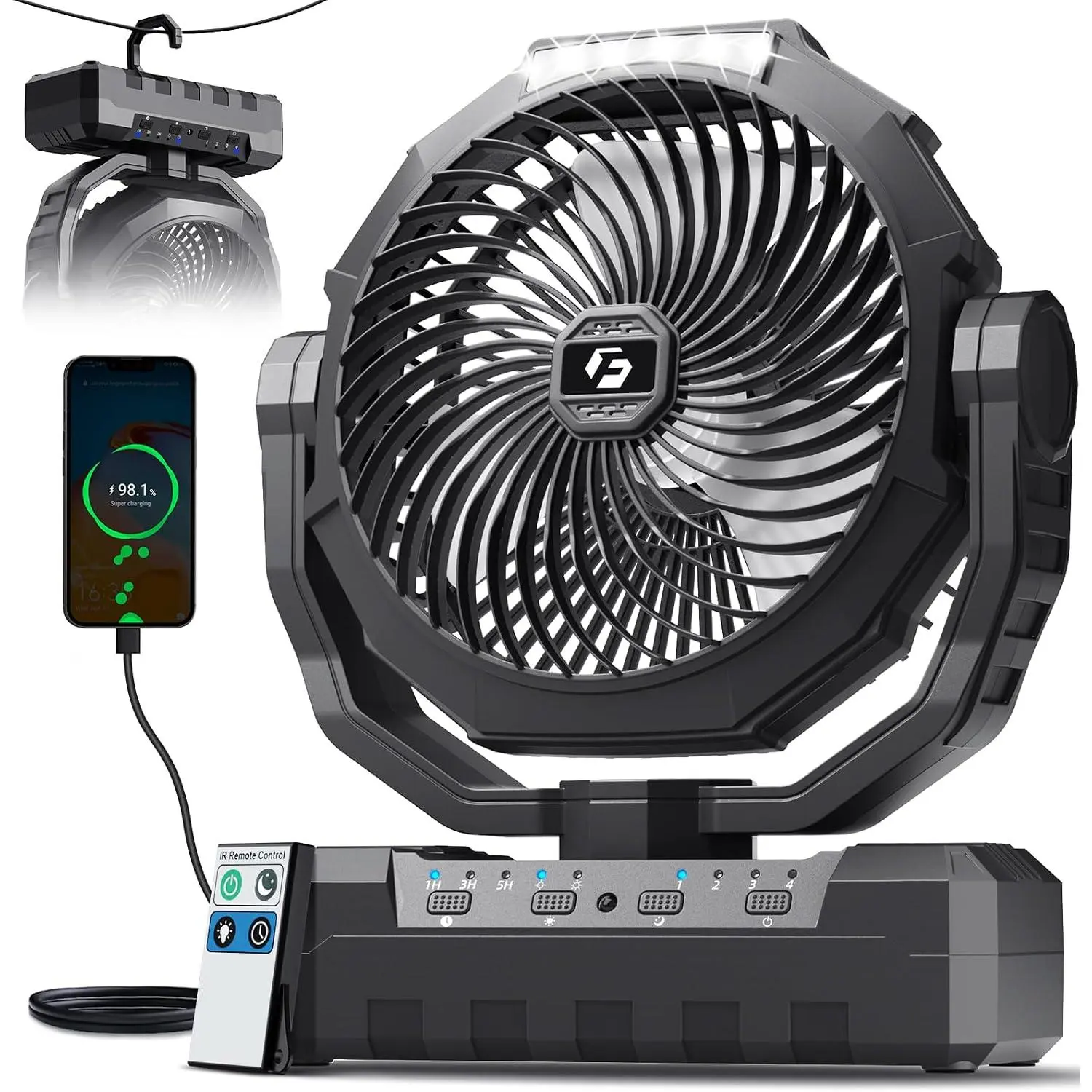 3-in-1 Camping Fan - Portable Fans Rechargeable - 24000mAh   Fan with Light & Remote for Indoor, Outdoor, Tent, Travel, Fishing, Jobsite, Gifts for Men Dad Him - Black