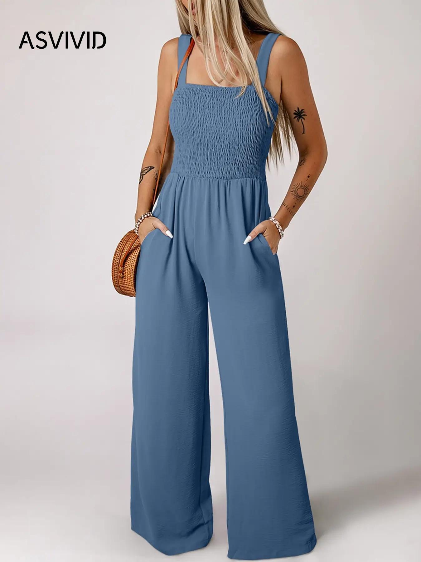 Women's Summer Plain Backless Shirred Wide Leg Cami Jumpsuit, Summer Clothes Women, Convenience Casual Pocket Square Neck High Waist Overall Jumpsuit, Ladies Clothes for Daily Wear