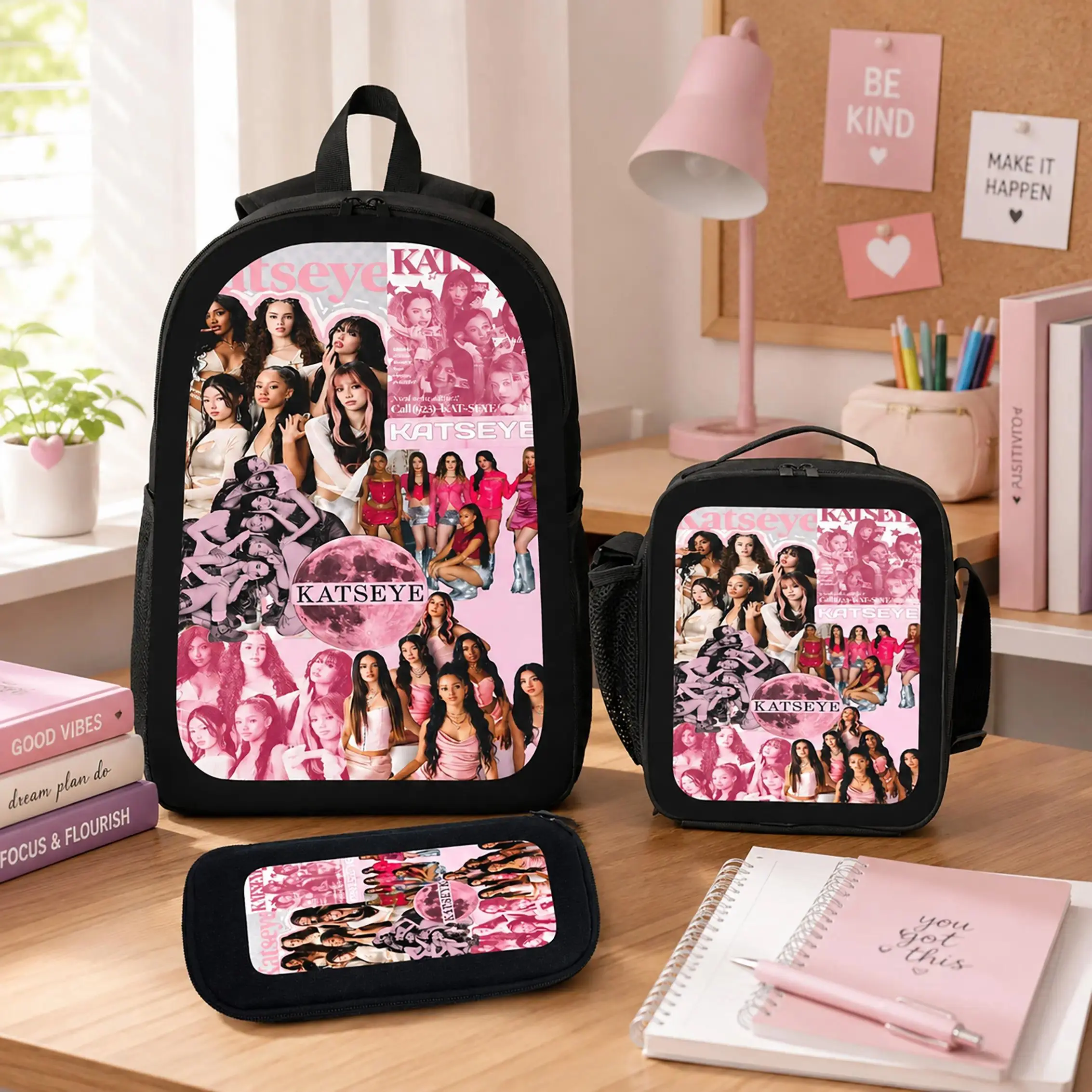 KATSEYE Backpack Set Durable Polyester Lightweight School Backpack Lunch Bag Pencil Case Travel Daypack Back To School Supplies For Girls Teens Students KATSEYE Fans