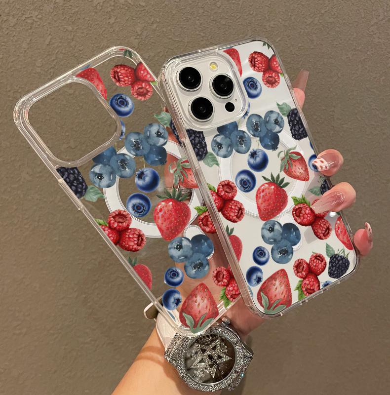 Magnetic Soft Case for iPhone11/12/13/14/15/16/17/prom, Blueberry Strawberry Fruit Collage MagSafe Compatible,Springtok Aesthetic Pattern Design Lightweight,y2k cased,AntiScratch,and Trendy Protector Screen Protector Resistance Cover Protection Shockproof