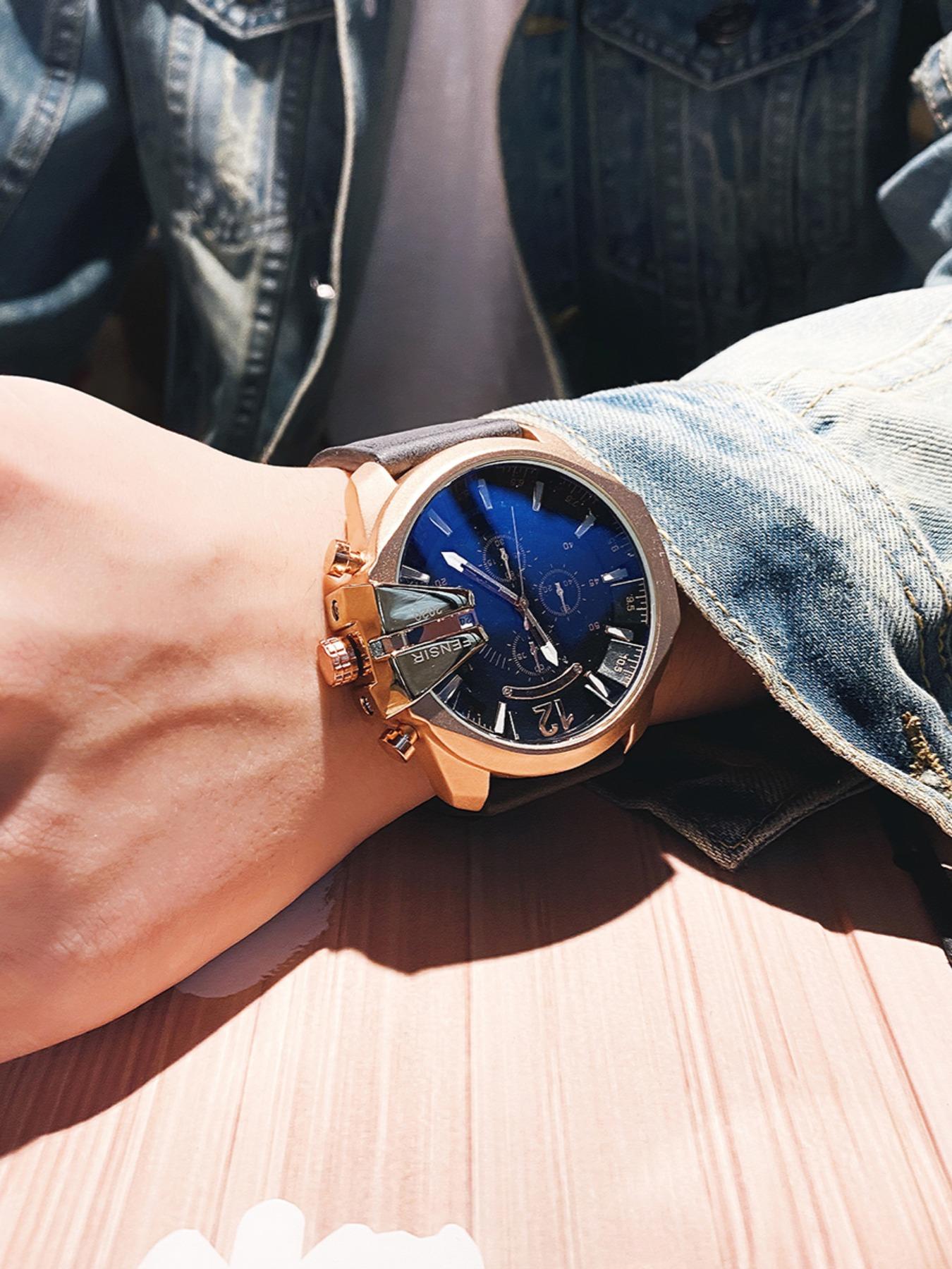Men's Business Fashion Round Dial Analog Quartz Watch, Business Fashion Watches, Business Leather Watch for Party, Daily Clothing Decor, Trendy Exquisite Watch for Birthday Gift with Box